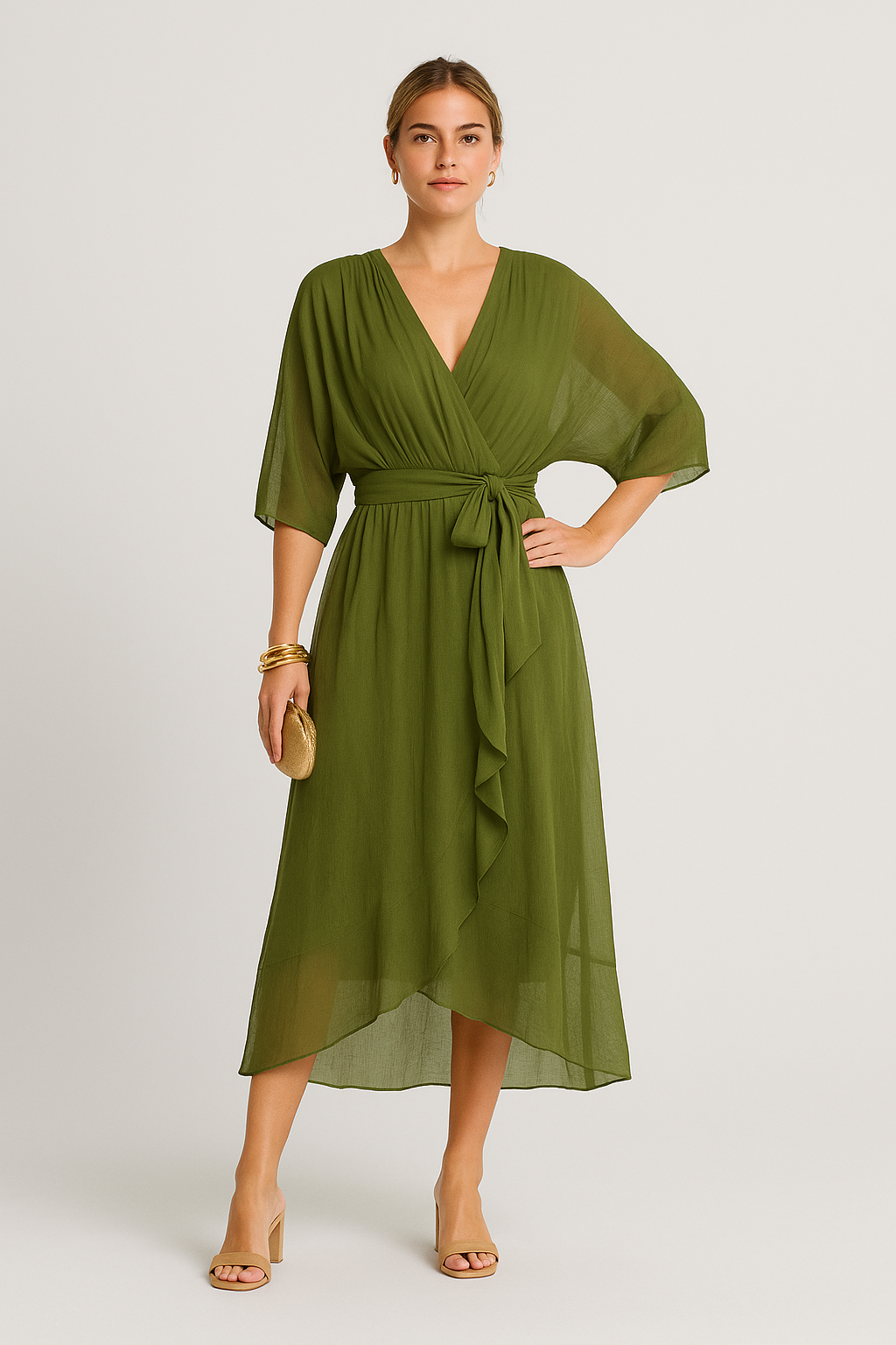 Yalina – Leichtes V-Ausschnitt Wickelkleid mit Asymmetrischem Saum