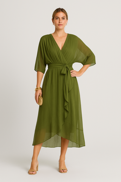 Yalina – Leichtes V-Ausschnitt Wickelkleid mit Asymmetrischem Saum