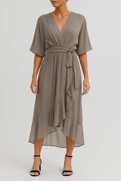 Yalina – Luftige V-Ausschnitt Wickelkleid mit Asymmetrischem Saum