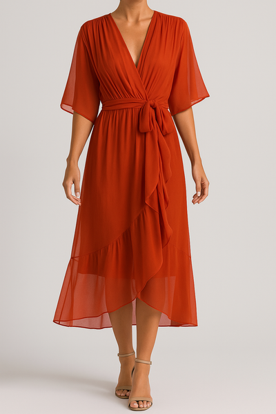 Yalina – Luftige V-Ausschnitt Wickelkleid mit Asymmetrischem Saum