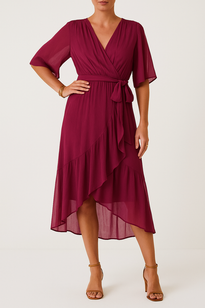 Yalina – Luftige V-Ausschnitt Wickelkleid mit Asymmetrischem Saum