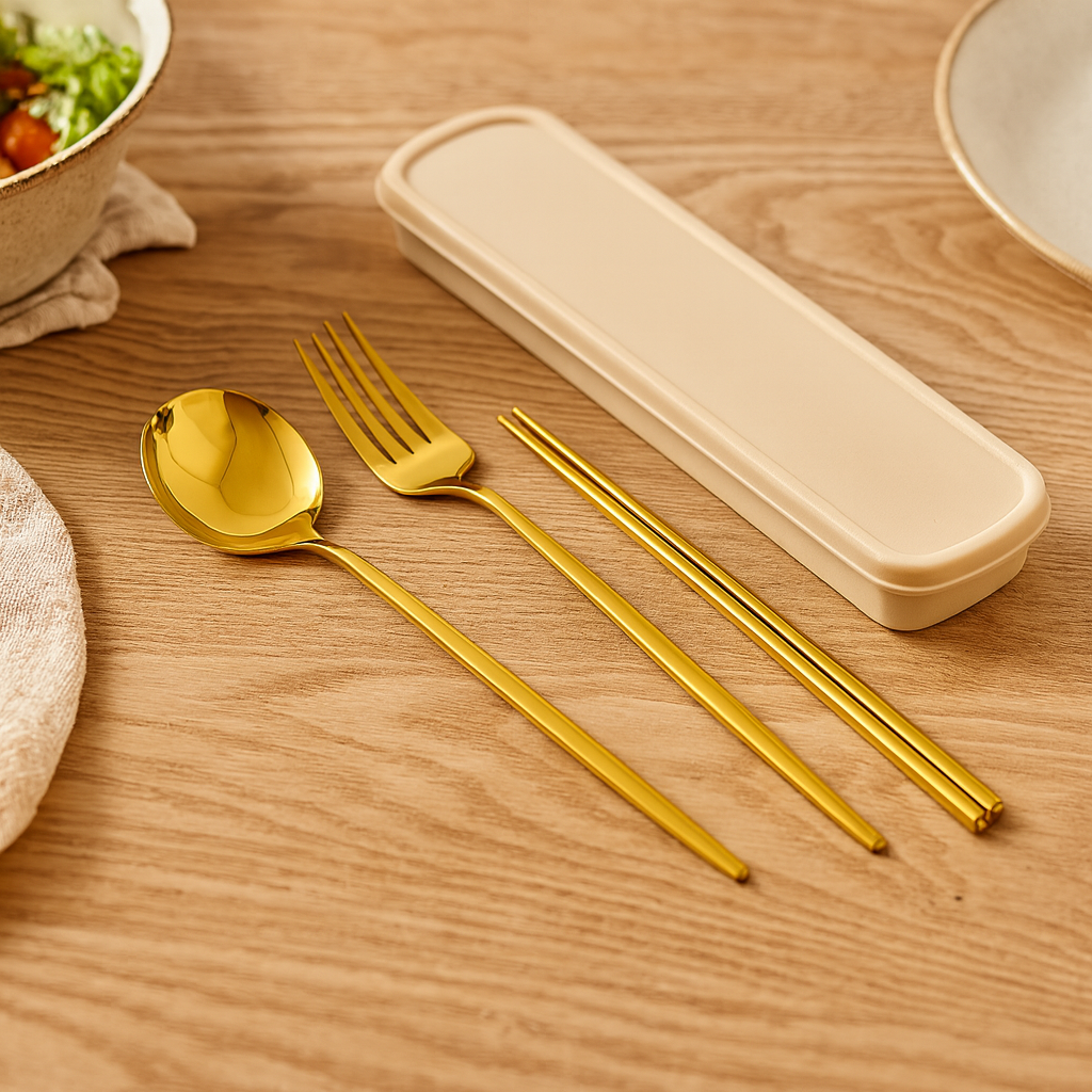 Zeyora | 4-teiliges Reisebesteck- und Essstäbchenset aus Edelstahl mit Halter