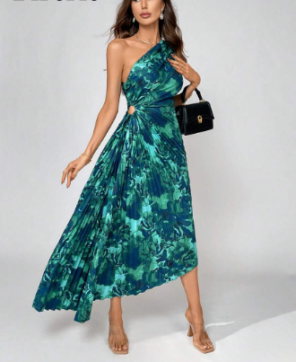 Valentina - Asymmetrisches plissiertes Kleid mit Druck