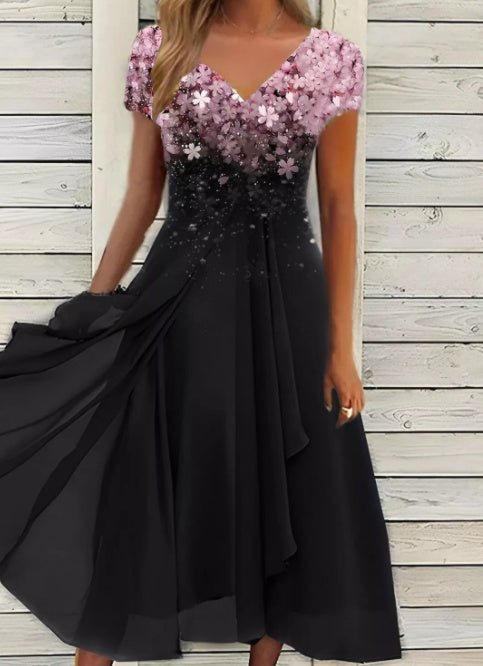 Damen A-Linien Chiffonkleid mit Blumendruck und V-Ausschnitt – Elegantes Sommerkleid für festliche Anlässe