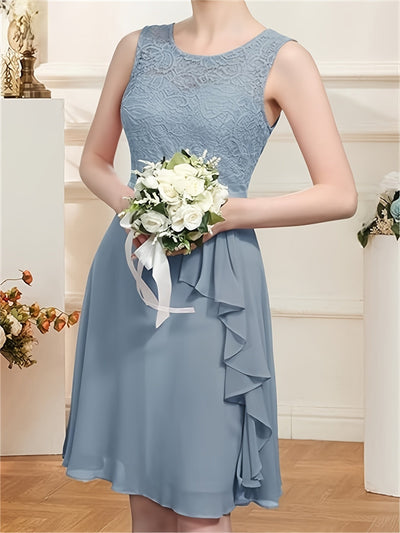 Sommerkleid mit Rundhals – Plissiert, A-Linie, Spitzen-Patchwork, Knielang & Elegant