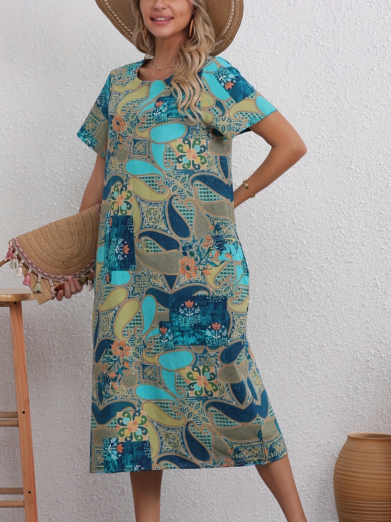 Elegantes Leinenkleid mit Blumendruck & Tasche – Leicht & Luftig für Sommer