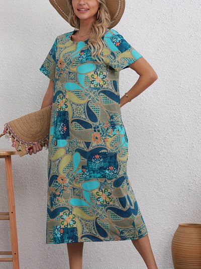 Elegantes Leinenkleid mit Blumendruck & Tasche – Leicht & Luftig für Sommer