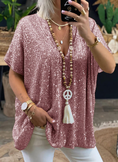 Damen Pailletten Tunika mit V-Ausschnitt – Glitzerndes Oversize-Shirt für festliche Anlässe