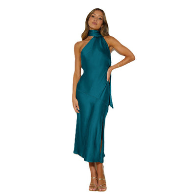 Stuttgart | Frauen Satin Drapierung Split Hollow Dünn Elegantes Kleid