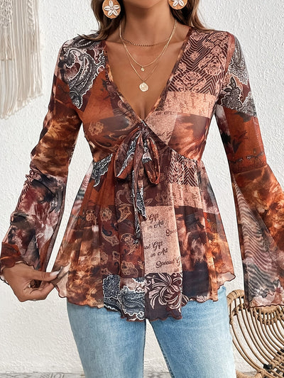 Elegantes Paisley-Kleid – V-Ausschnitt, Langarm & Leichtes Mesh