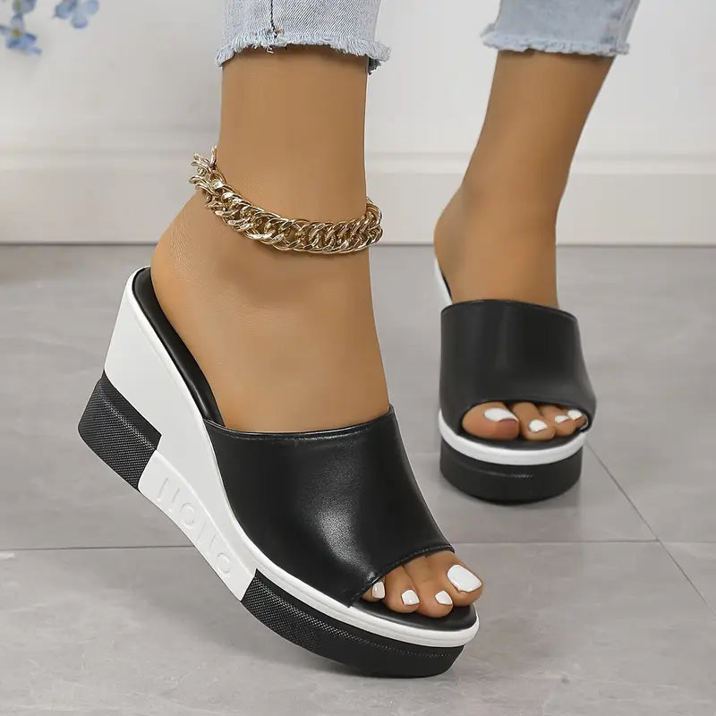 Keilsandaletten mit Peep-Toe Zweifarbige Slip-On Sommer-Schuhe