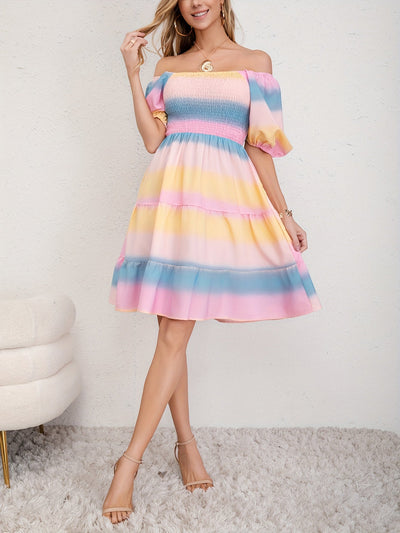 Gestreiftes Midi-Sommerkleid – Schulterfrei, Kurzarm & Rüschen-Saum