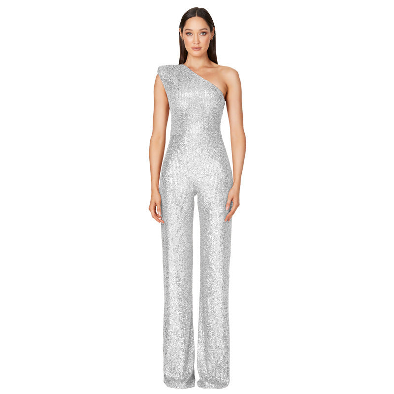 Helen – Ärmelloser Pailletten-Jumpsuit mit One-Shoulder-Design