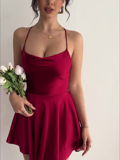 Elegantes Satin-Sommerkleid – Spaghetti-Träger, Schnürung, Doppellagiger Saum