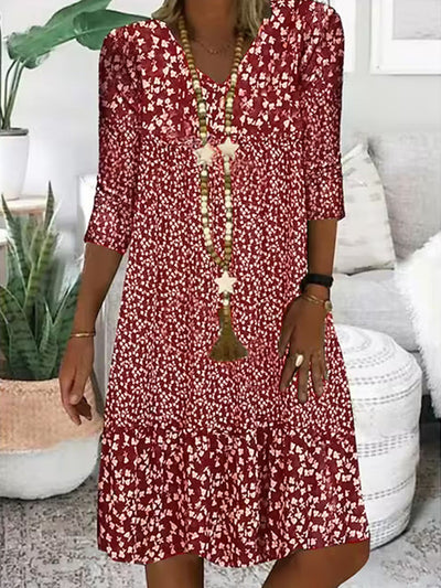 Damen Boho Blumenkleid mit 3/4-Ärmeln – Luftig & Bequem für Alltag und Urlaub