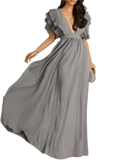 LuxeFlair Maxikleid mit tiefem V-Ausschnitt und Rüschensäumen