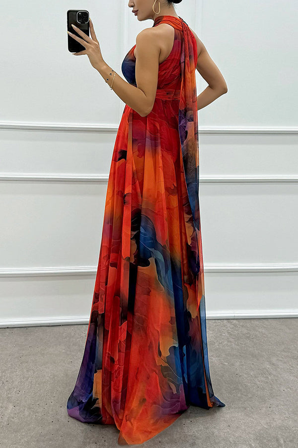Elaine - Tüll-Maxikleid mit Blumenprint, Cut-Outs und Halterneck
