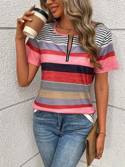 Leinen T-Shirt Damen – Gestreiftes Farbblock Shirt mit Zip-Up & Rundhalsausschnitt