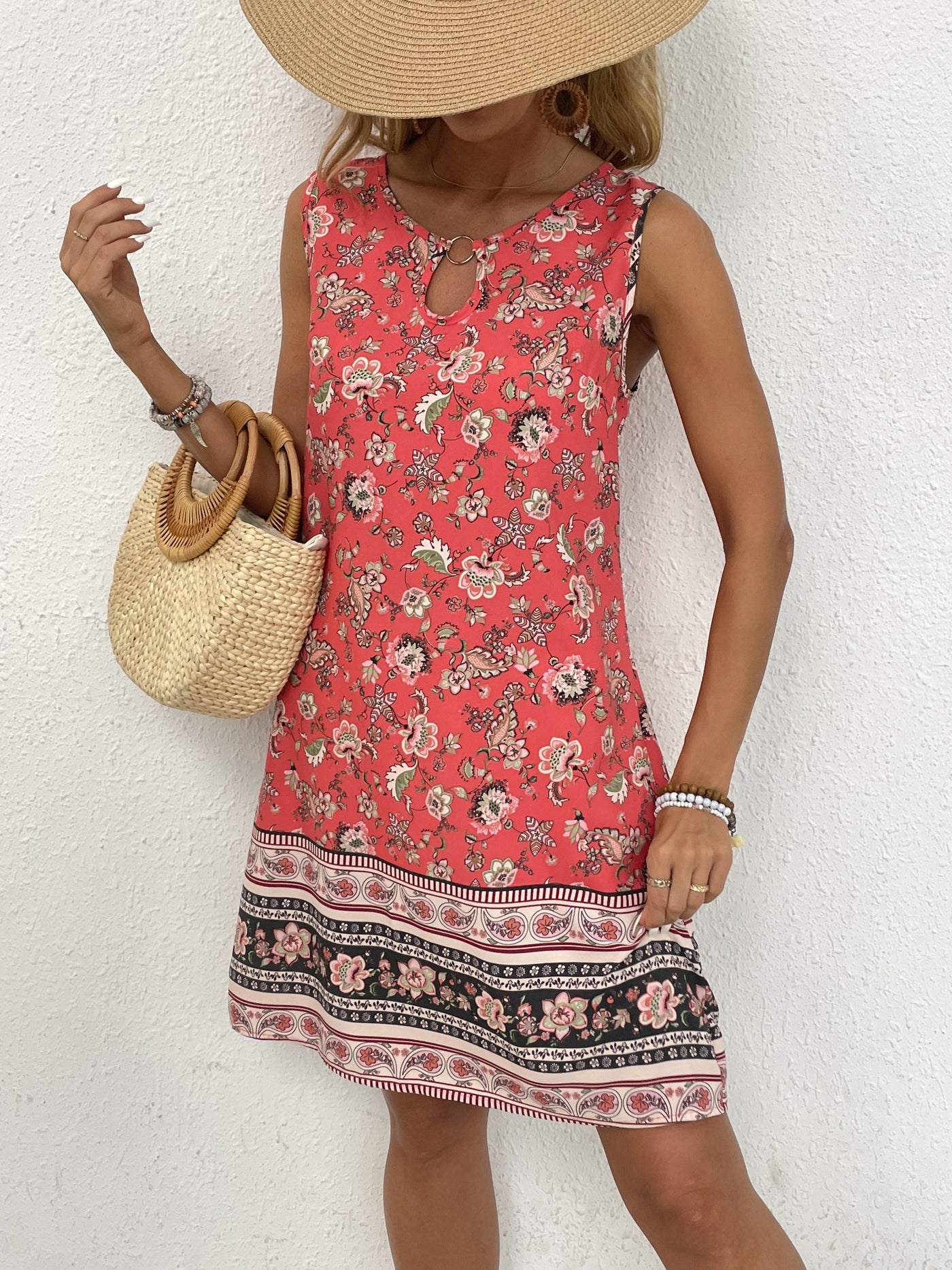 Ethno Blumenprint Sommerkleid Ärmellos Locker & Luftig für Urlaub