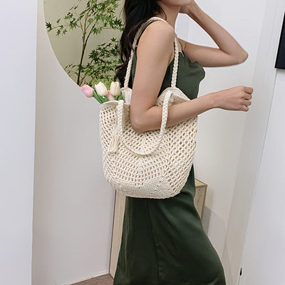 Handgefertigte Häkel-Tasche – Große Boho-Strandtasche mit Quaste