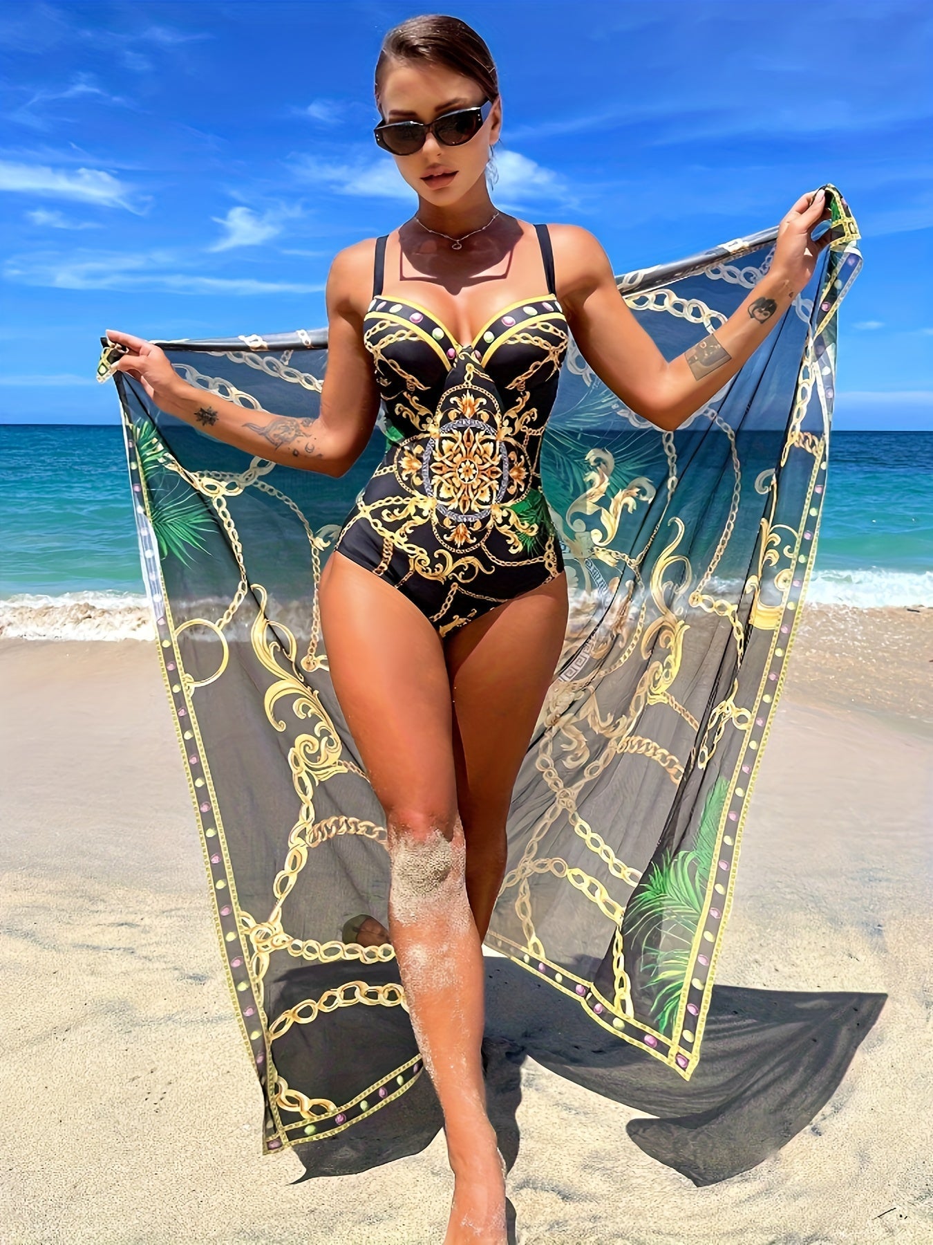 Eleganter 2-teiliger Badeanzug mit Kettenmuster – V-Ausschnitt, Push-Up, Spaghettiträger
