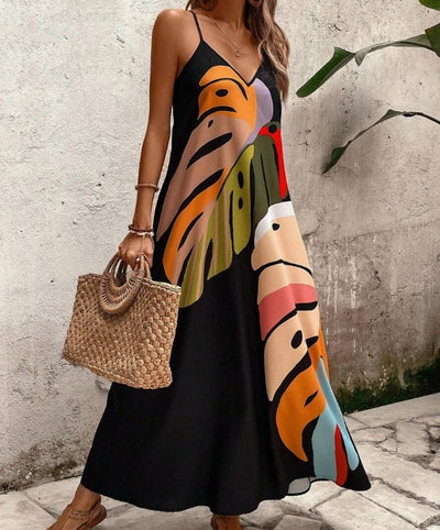 Ruby – Modisches Maxikleid mit buntem Blattmuster