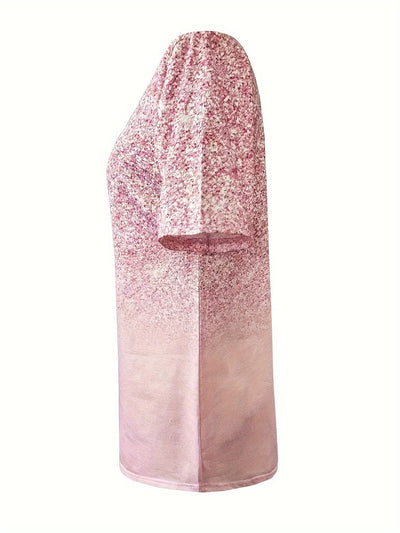 Damen Leinen T-Shirt – Lässiges Kurzarmshirt mit grafischem Print & Knopfleiste