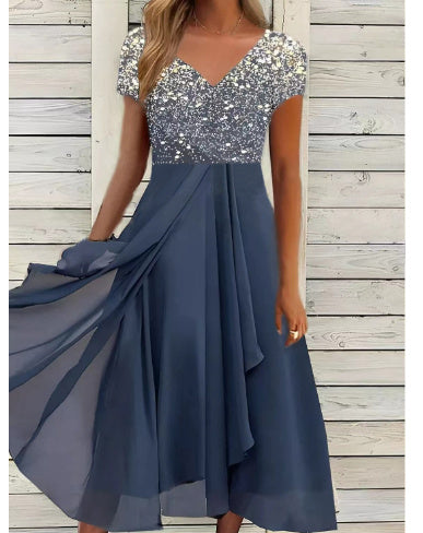 Damen A-Linien Chiffonkleid mit Blumendruck und V-Ausschnitt – Elegantes Sommerkleid für festliche Anlässe