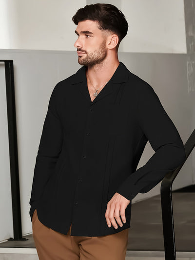 Herren Leinen-Baumwoll Hemd – Langarm, Einfarbig, Regular Fit, mit Taschen