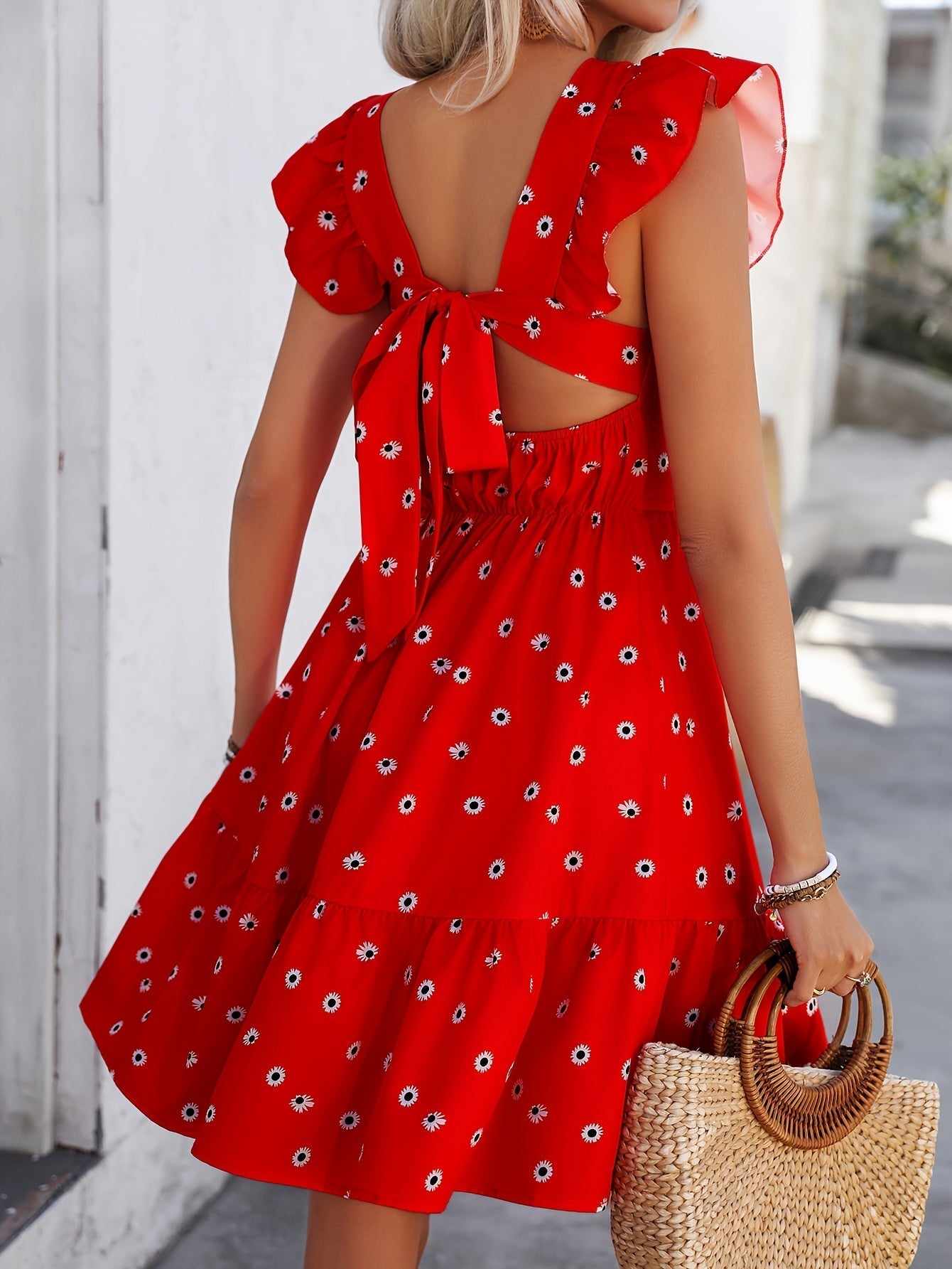 Elegantes A-Linien-Kleid – Blumenmuster, quadratischer Ausschnitt & Schleifendetail