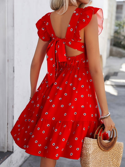 Elegantes A-Linien-Kleid – Blumenmuster, quadratischer Ausschnitt & Schleifendetail