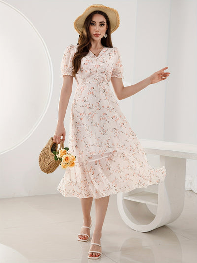 Elegantes Schößchenkleid mit Blumendruck – Kurzarm, V-Ausschnitt, Luftig & Bequem