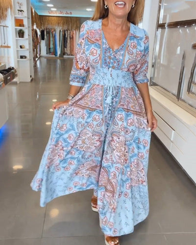 Urlaubskleid mit V-Ausschnitt und Dreiviertelärmeln für Damen