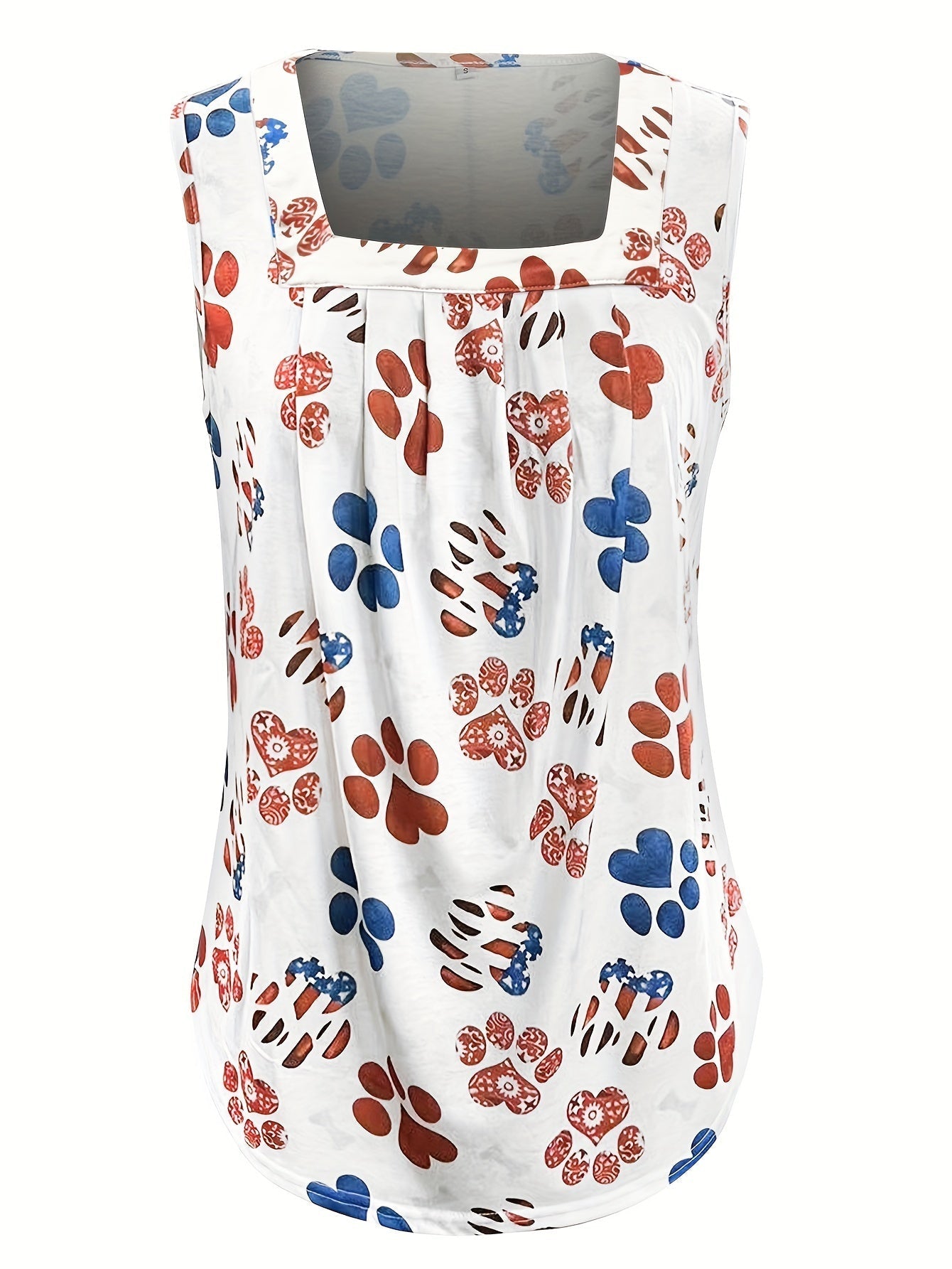 Schickes Tanktop mit Blumen- und Pfötchendruck und plissiertem Rundhalsausschnitt