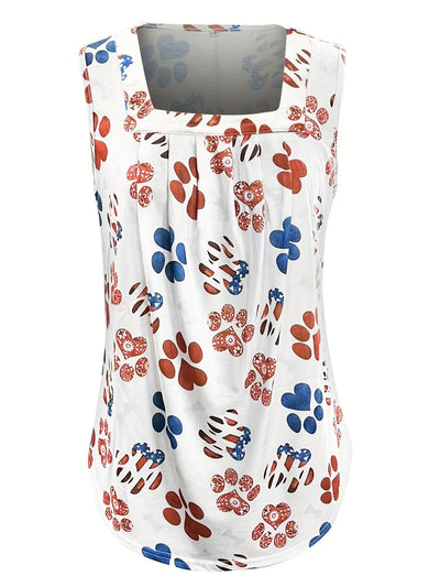 Schickes Tanktop mit Blumen- und Pfötchendruck und plissiertem Rundhalsausschnitt