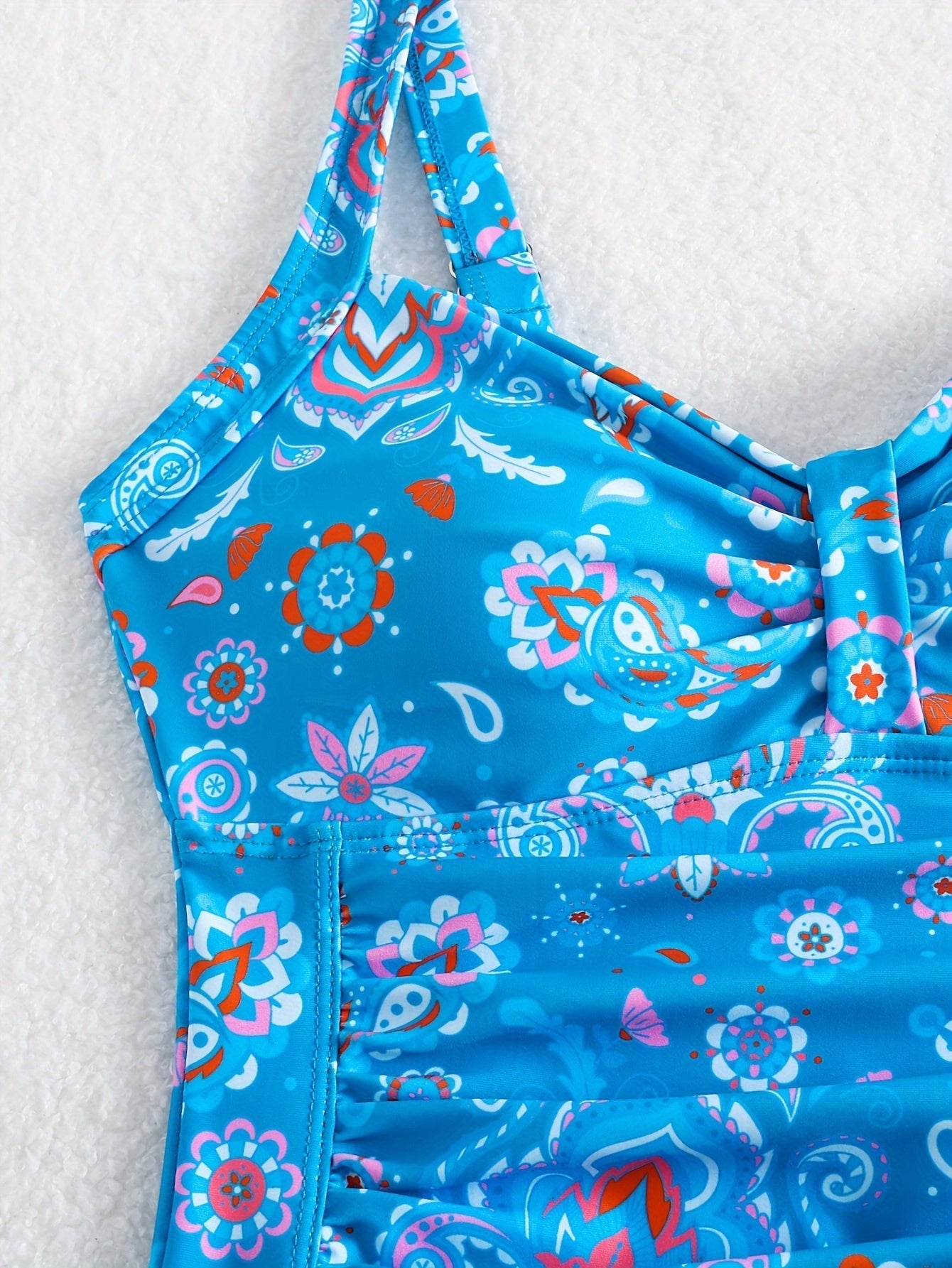 Paisley Einteiler-Badeanzug – V-Ausschnitt, Rüschen, Hochelastisch, Abnehmbare Polster