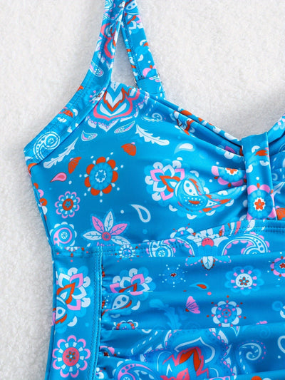 Paisley Einteiler-Badeanzug – V-Ausschnitt, Rüschen, Hochelastisch, Abnehmbare Polster