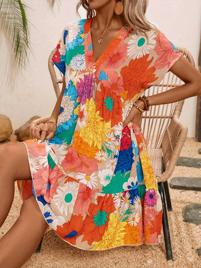 Elegantes V-Ausschnitt Sommerkleid Florales Druckdesign