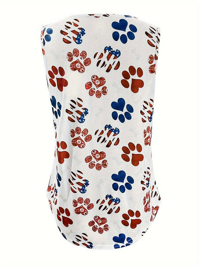 Schickes Tanktop mit Blumen- und Pfötchendruck und plissiertem Rundhalsausschnitt