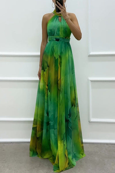 Elaine - Tüll-Maxikleid mit Blumenprint, Cut-Outs und Halterneck
