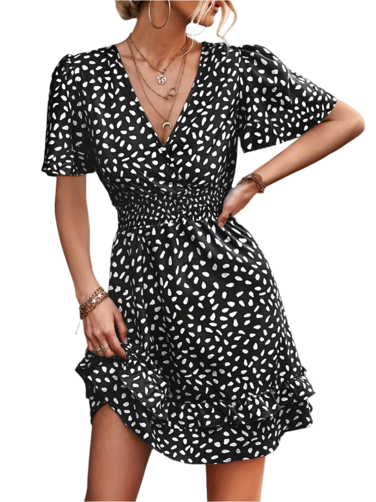 Tara - gepunktetes Print und elegantes Kleid mit Rüschensäumen