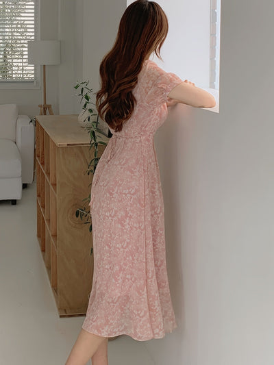 Elegantes Chiffon-Midikleid – Blumenmuster, V-Ausschnitt & Puffärmel