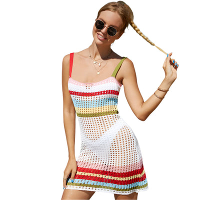 Evina - Regenbogenstreifen gehäkeltes Strand-Mini-Cover-up Kleid