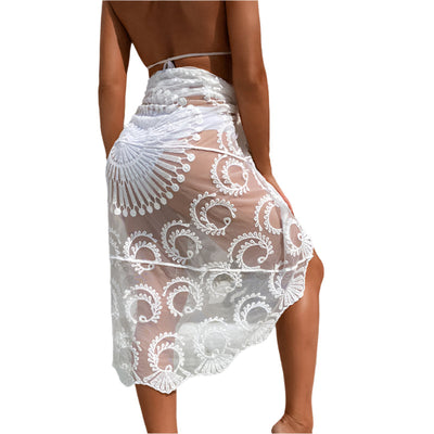 Misha – Boho Strand-Sarong mit Bindeband, Blumen-Häkelung und transparenter Spitze