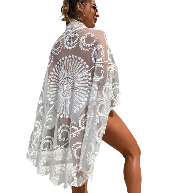 Misha – Boho Strand-Sarong mit Bindeband, Blumen-Häkelung und transparenter Spitze