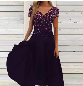 Damen A-Linien Chiffonkleid mit Blumendruck und V-Ausschnitt – Elegantes Sommerkleid für festliche Anlässe