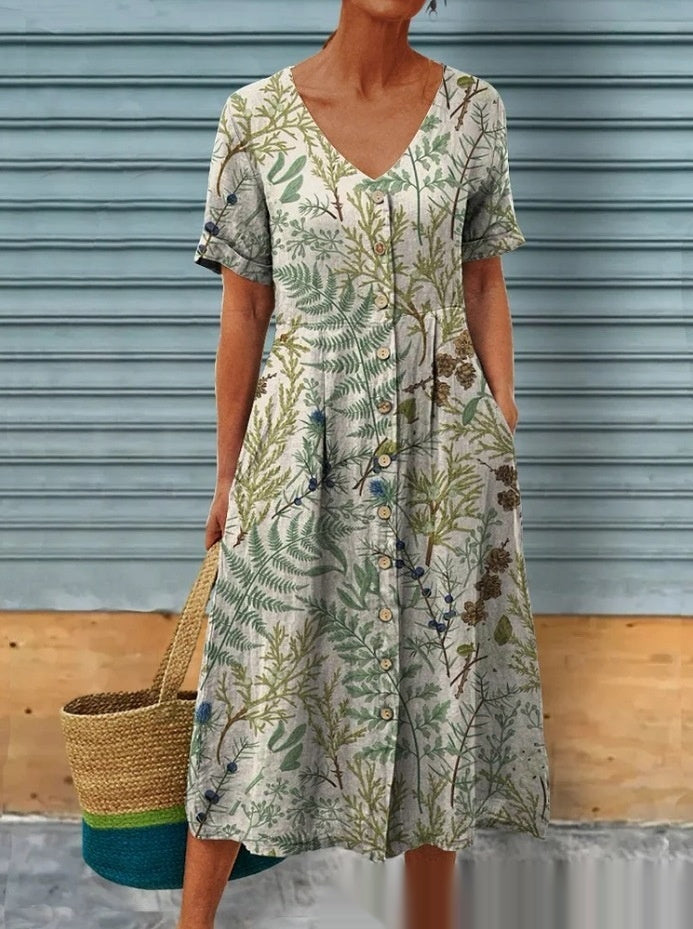 Luna - Midikleid mit Blumenmuster und Knopfverschluss vorne