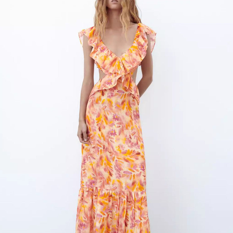 Damen Maxikleid mit Rüschen und V-Ausschnitt – Elegantes Sommerkleid für Alltag und besondere Anlässe