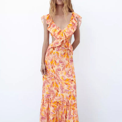 Damen Maxikleid mit Rüschen und V-Ausschnitt – Elegantes Sommerkleid für Alltag und besondere Anlässe