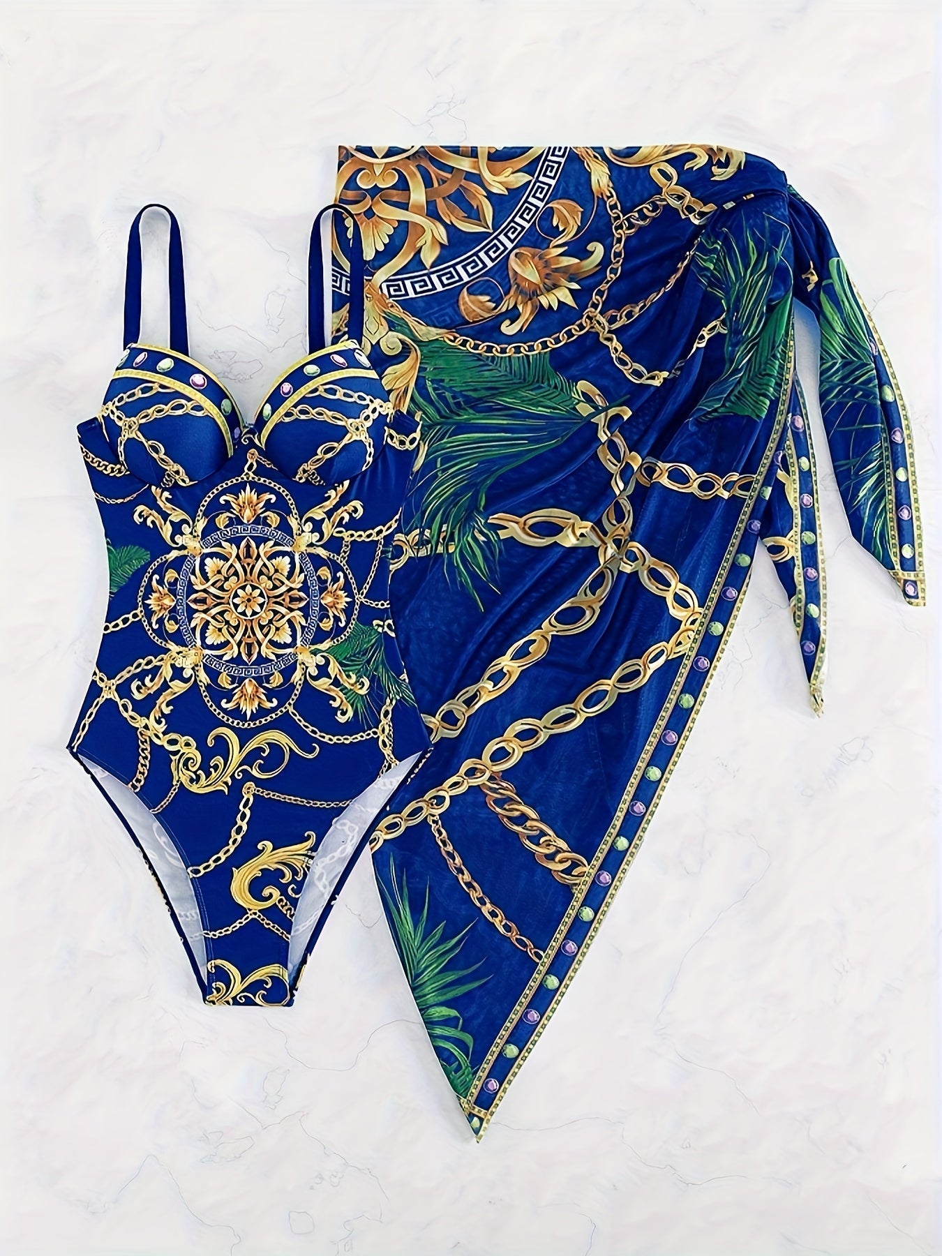 Eleganter 2-teiliger Badeanzug mit Kettenmuster – V-Ausschnitt, Push-Up, Spaghettiträger